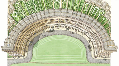 Stephen Conlin: The Royal Crescent Bath (a reconstruction as in 1790), 2002, ink and watercolour, 46 x 27 cm; courtesy the artist